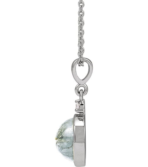 87438 Necklace Set Sterling Silver Round Natural Moss Agate 8Mm 0.03 Ct Natural Diamond I1, G-H 16-18 In Polished Natural Moss Agate And .03 Ct Natural Diamond Bezel-Set Necklace