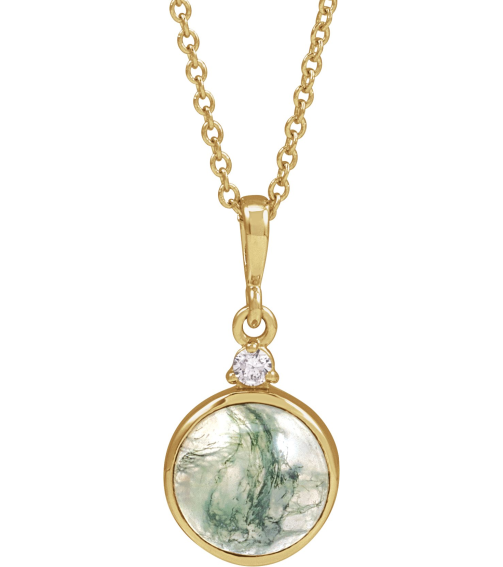 87438 Necklace Set 14K Yellow Round Natural Moss Agate 8Mm 0.03 Ct Natural Diamond I1, G-H 16-18 In Polished Natural Moss Agate And .03 Ct Natural Diamond Bezel-Set Necklace