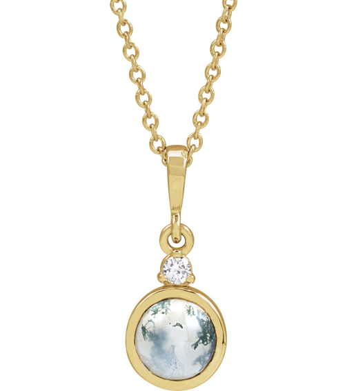 87438 Necklace Set 14K Yellow Round Natural Moss Agate 6Mm 0.03 Ct Natural Diamond I1, G-H 16-18 In Polished Natural Moss Agate And .03 Ct Natural Diamond Bezel-Set Necklace