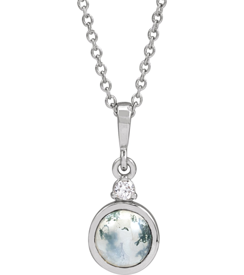 87438 Necklace Set Sterling Silver Round Natural Moss Agate 6Mm 0.03 Ct Natural Diamond I1, G-H 16-18 In Polished Natural Moss Agate And .03 Ct Natural Diamond Bezel-Set Necklace