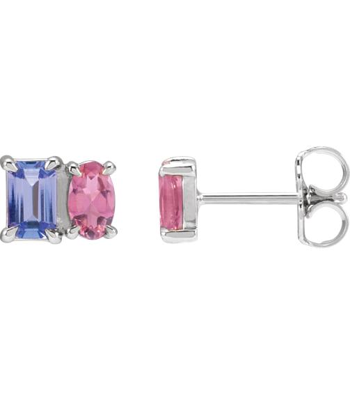 88696 Earring Set Natural Tanzanite Emerald 5 X 3 Mm 14K White Natural Pink Tourmaline Pair Friction Backs Included Polished Natural Tanzanite And Natural Pink Tourmaline Stud Earrings