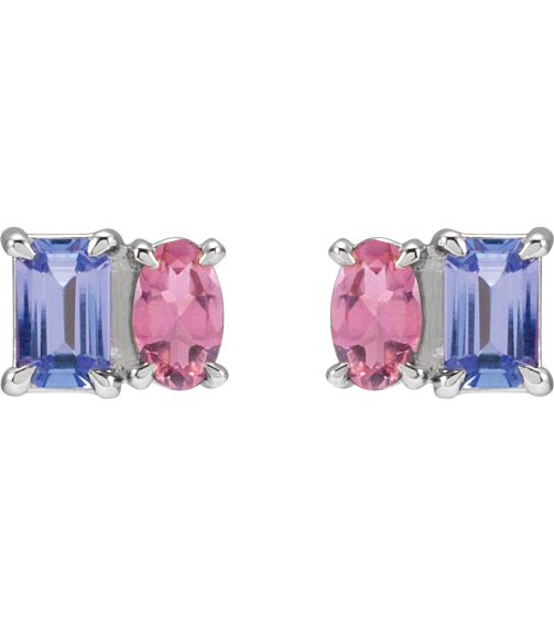 88696 Earring Set Natural Tanzanite Emerald 5 X 3 Mm 14K White Natural Pink Tourmaline Pair Friction Backs Included Polished Natural Tanzanite And Natural Pink Tourmaline Stud Earrings