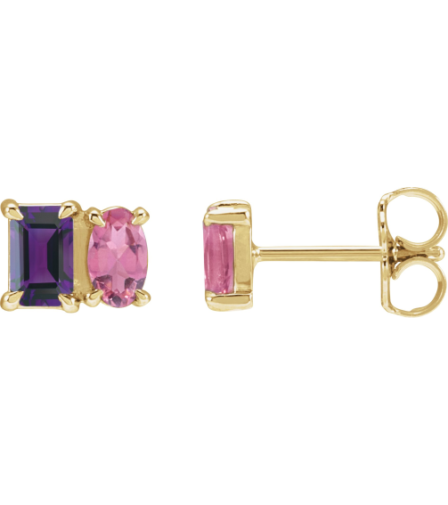 88696 Earring Set Natural Amethyst Emerald 5 X 3 Mm 14K Yellow Natural Pink Tourmaline Pair Friction Backs Included Polished Natural Amethyst And Natural Pink Tourmaline Stud Earrings