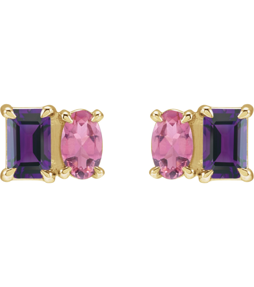 88696 Earring Set Natural Amethyst Emerald 5 X 3 Mm 14K Yellow Natural Pink Tourmaline Pair Friction Backs Included Polished Natural Amethyst And Natural Pink Tourmaline Stud Earrings