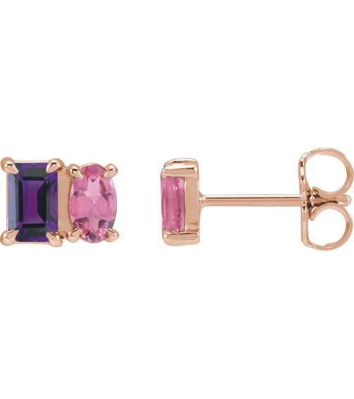 88696 Earring Set Natural Amethyst Emerald 5 X 3 Mm 14K Rose Natural Pink Tourmaline Pair Friction Backs Included Polished Natural Amethyst And Natural Pink Tourmaline Stud Earrings