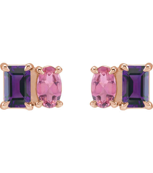 88696 Earring Set Natural Amethyst Emerald 5 X 3 Mm 14K Rose Natural Pink Tourmaline Pair Friction Backs Included Polished Natural Amethyst And Natural Pink Tourmaline Stud Earrings