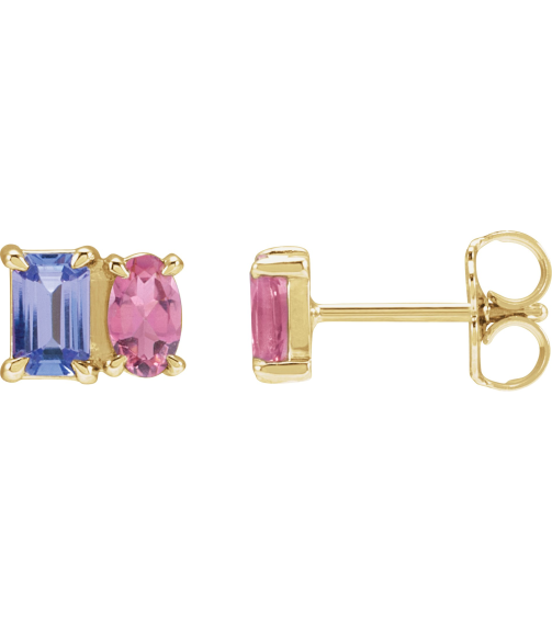 88696 Earring Set Natural Tanzanite Emerald 5 X 3 Mm 14K Yellow Natural Pink Tourmaline Pair Friction Backs Included Polished Natural Tanzanite And Natural Pink Tourmaline Stud Earrings