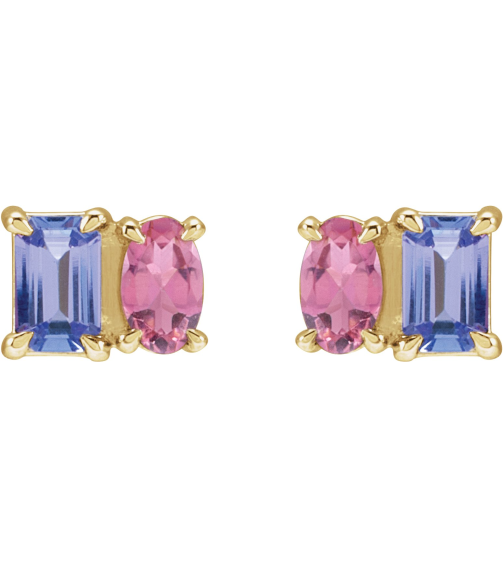 88696 Earring Set Natural Tanzanite Emerald 5 X 3 Mm 14K Yellow Natural Pink Tourmaline Pair Friction Backs Included Polished Natural Tanzanite And Natural Pink Tourmaline Stud Earrings