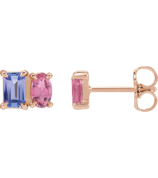 88696 Earring Set Natural Tanzanite Emerald 5 X 3 Mm 14K Rose Natural Pink Tourmaline Pair Friction Backs Included Polished Natural Tanzanite And Natural Pink Tourmaline Stud Earrings