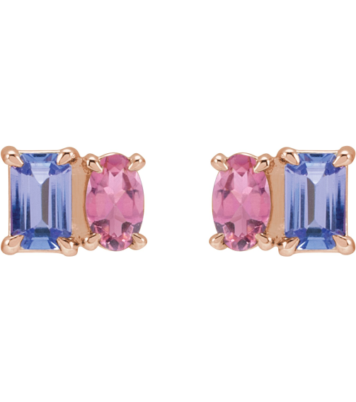 88696 Earring Set Natural Tanzanite Emerald 5 X 3 Mm 14K Rose Natural Pink Tourmaline Pair Friction Backs Included Polished Natural Tanzanite And Natural Pink Tourmaline Stud Earrings