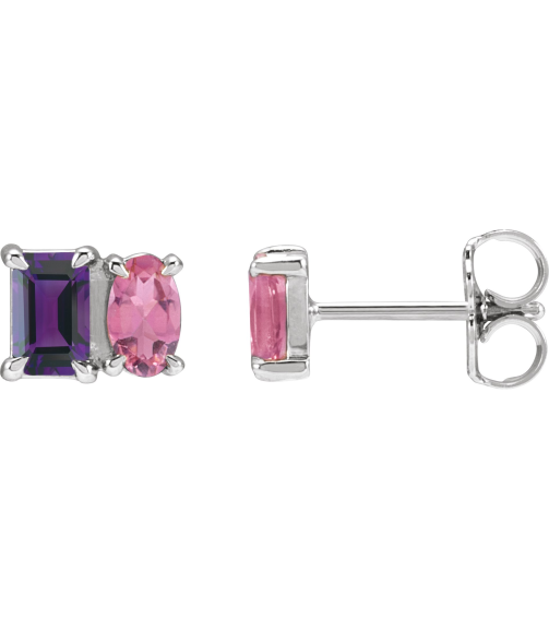 88696 Earring Set Natural Amethyst Emerald 5 X 3 Mm Sterling Silver Natural Pink Tourmaline Pair Friction Backs Included Polished Natural Amethyst And Natural Pink Tourmaline Stud Earrings