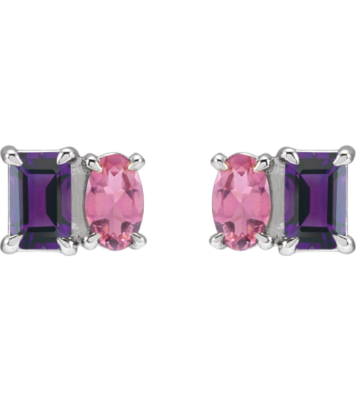 88696 Earring Set Natural Amethyst Emerald 5 X 3 Mm Sterling Silver Natural Pink Tourmaline Pair Friction Backs Included Polished Natural Amethyst And Natural Pink Tourmaline Stud Earrings
