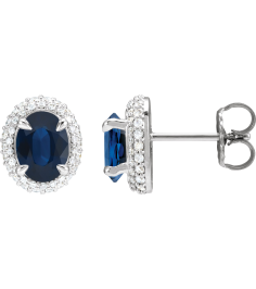 88807 Earring Set Natural Blue Sapphire Oval 8 X 6 Mm 14K White Natural Diamond Pair Friction Backs Included Polished Natural Blue Sapphire And 12 Ctw Natural Diamond 4-Claw Prong Pre-Notched Double Halo-Style Earrings