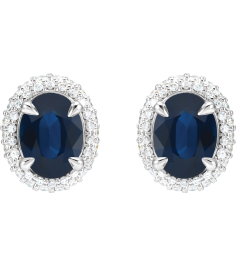 88807 Earring Set Natural Blue Sapphire Oval 8 X 6 Mm 14K White Natural Diamond Pair Friction Backs Included Polished Natural Blue Sapphire And 12 Ctw Natural Diamond 4-Claw Prong Pre-Notched Double Halo-Style Earrings