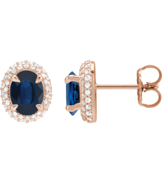 88807 Earring Set Natural Blue Sapphire Oval 8 X 6 Mm 14K Rose Natural Diamond Pair Friction Backs Included Polished Natural Blue Sapphire And 12 Ctw Natural Diamond 4-Claw Prong Pre-Notched Double Halo-Style Earrings