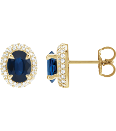 88807 Earring Set Natural Blue Sapphire Oval 8 X 6 Mm 14K Yellow Natural Diamond Pair Friction Backs Included Polished Natural Blue Sapphire And 12 Ctw Natural Diamond 4-Claw Prong Pre-Notched Double Halo-Style Earrings