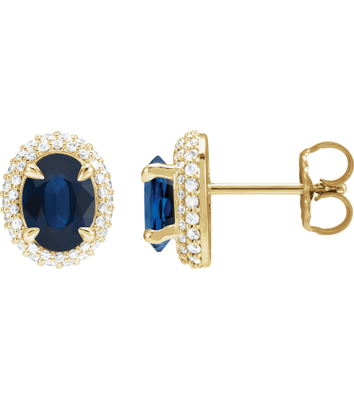 88807 Earring Set Natural Blue Sapphire Oval 8 X 6 Mm 14K Yellow Natural Diamond Pair Friction Backs Included Polished Natural Blue Sapphire And 12 Ctw Natural Diamond 4-Claw Prong Pre-Notched Double Halo-Style Earrings