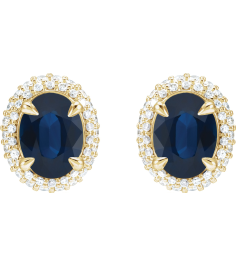 88807 Earring Set Natural Blue Sapphire Oval 8 X 6 Mm 14K Yellow Natural Diamond Pair Friction Backs Included Polished Natural Blue Sapphire And 12 Ctw Natural Diamond 4-Claw Prong Pre-Notched Double Halo-Style Earrings
