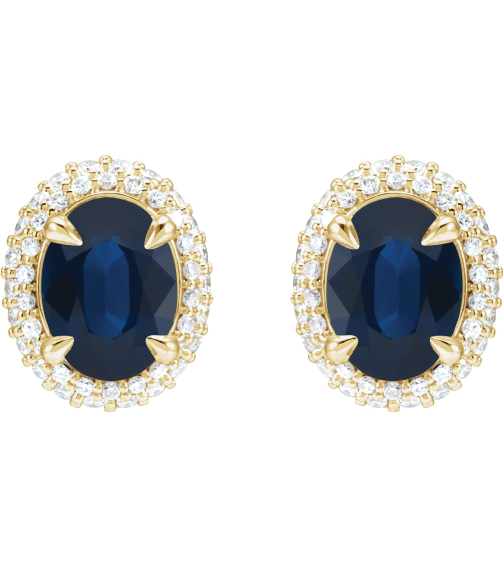 88807 Earring Set Natural Blue Sapphire Oval 8 X 6 Mm 14K Yellow Natural Diamond Pair Friction Backs Included Polished Natural Blue Sapphire And 12 Ctw Natural Diamond 4-Claw Prong Pre-Notched Double Halo-Style Earrings