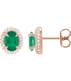 88807 Earring Set Natural Emerald Oval 8 X 6 Mm 14K Rose Natural Diamond Pair Friction Backs Included Polished Natural Emerald And 12 Ctw Natural Diamond 4-Claw Prong Pre-Notched Double Halo-Style Earrings