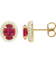 88807 Earring Set Lab-Grown Ruby Oval 8 X 6 Mm 14K Yellow Lab-Grown Diamond Pair Friction Backs Included Polished Lab-Grown Ruby And 12 Ctw Lab-Grown Diamond 4-Claw Prong Pre-Notched Double Halo-Style Earrings