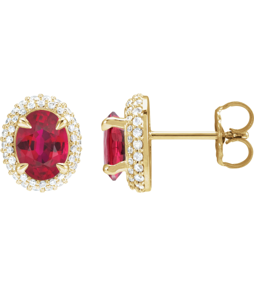 88807 Earring Set Lab-Grown Ruby Oval 8 X 6 Mm 14K Yellow Lab-Grown Diamond Pair Friction Backs Included Polished Lab-Grown Ruby And 12 Ctw Lab-Grown Diamond 4-Claw Prong Pre-Notched Double Halo-Style Earrings