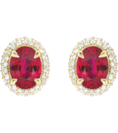 88807 Earring Set Lab-Grown Ruby Oval 8 X 6 Mm 14K Yellow Lab-Grown Diamond Pair Friction Backs Included Polished Lab-Grown Ruby And 12 Ctw Lab-Grown Diamond 4-Claw Prong Pre-Notched Double Halo-Style Earrings