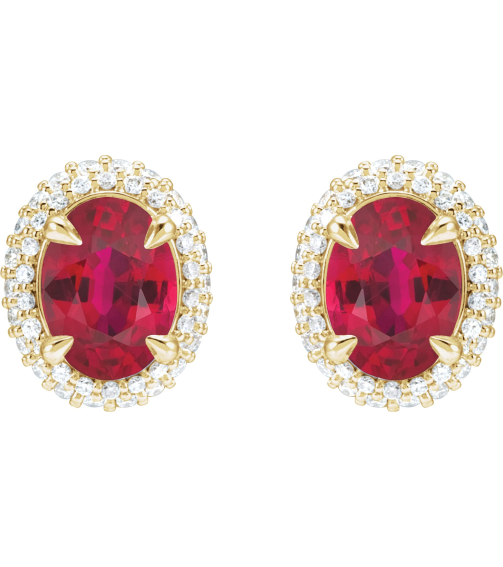 88807 Earring Set Lab-Grown Ruby Oval 8 X 6 Mm 14K Yellow Lab-Grown Diamond Pair Friction Backs Included Polished Lab-Grown Ruby And 12 Ctw Lab-Grown Diamond 4-Claw Prong Pre-Notched Double Halo-Style Earrings