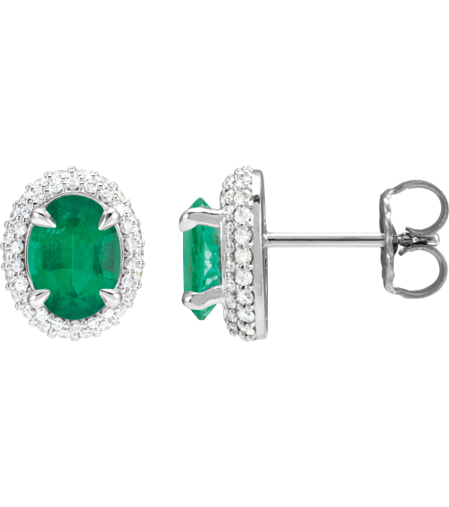 88807 Earring Set Lab-Grown Emerald Oval 8 X 6 Mm 14K White Lab-Grown Diamond Pair Friction Backs Included Polished Lab-Grown Emerald And 12 Ctw Lab-Grown Diamond 4-Claw Prong Pre-Notched Double Halo-Style Earrings
