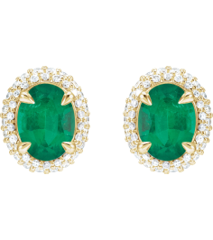 88807 Earring Set Lab-Grown Emerald Oval 8 X 6 Mm 14K Yellow Lab-Grown Diamond Pair Friction Backs Included Polished Lab-Grown Emerald And 12 Ctw Lab-Grown Diamond 4-Claw Prong Pre-Notched Double Halo-Style Earrings