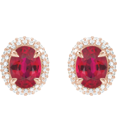 88807 Earring Set Lab-Grown Ruby Oval 8 X 6 Mm 14K Rose Lab-Grown Diamond Pair Friction Backs Included Polished Lab-Grown Ruby And 12 Ctw Lab-Grown Diamond 4-Claw Prong Pre-Notched Double Halo-Style Earrings