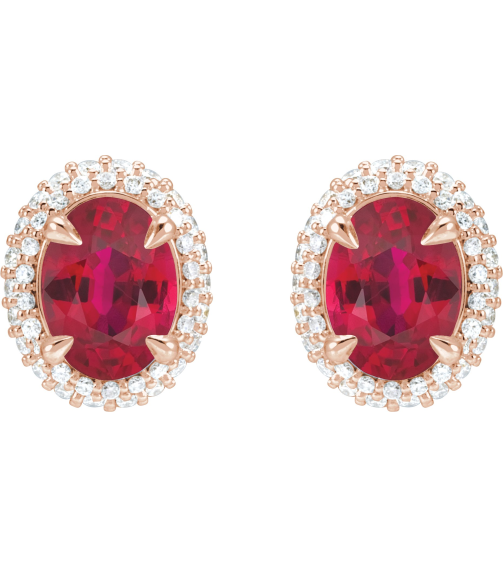 88807 Earring Set Lab-Grown Ruby Oval 8 X 6 Mm 14K Rose Lab-Grown Diamond Pair Friction Backs Included Polished Lab-Grown Ruby And 12 Ctw Lab-Grown Diamond 4-Claw Prong Pre-Notched Double Halo-Style Earrings