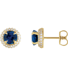 88808 Earring Set Lab-Grown Blue Sapphire Round 6.5 Mm 14K Yellow Lab-Grown Diamond Pair Friction Backs Included Polished Lab-Grown Blue Sapphire And 12 Ctw Lab-Grown Diamond 4-Claw Prong Pre-Notched Double Halo-Style Earrings