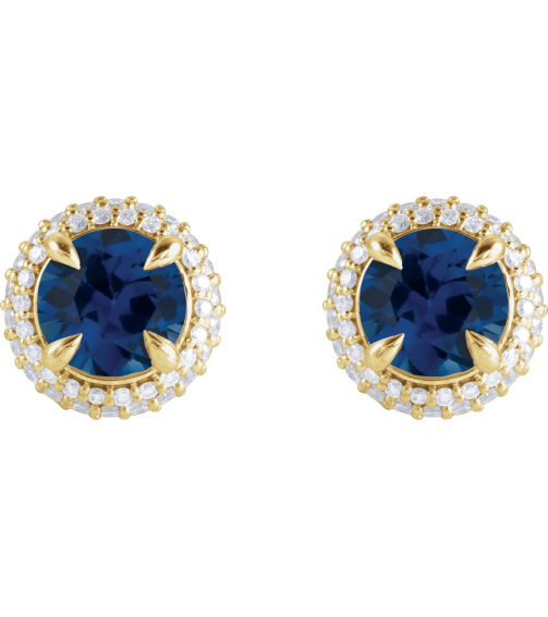 88808 Earring Set Lab-Grown Blue Sapphire Round 6.5 Mm 14K Yellow Lab-Grown Diamond Pair Friction Backs Included Polished Lab-Grown Blue Sapphire And 12 Ctw Lab-Grown Diamond 4-Claw Prong Pre-Notched Double Halo-Style Earrings