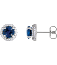 88808 Earring Set Lab-Grown Blue Sapphire Round 6.5 Mm 14K White Lab-Grown Diamond Pair Friction Backs Included Polished Lab-Grown Blue Sapphire And 12 Ctw Lab-Grown Diamond 4-Claw Prong Pre-Notched Double Halo-Style Earrings