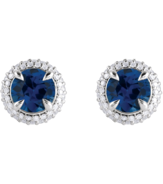 88808 Earring Set Lab-Grown Blue Sapphire Round 6.5 Mm 14K White Lab-Grown Diamond Pair Friction Backs Included Polished Lab-Grown Blue Sapphire And 12 Ctw Lab-Grown Diamond 4-Claw Prong Pre-Notched Double Halo-Style Earrings