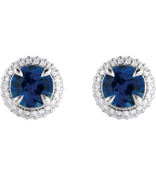 88808 Earring Set Lab-Grown Blue Sapphire Round 6.5 Mm 14K White Lab-Grown Diamond Pair Friction Backs Included Polished Lab-Grown Blue Sapphire And 12 Ctw Lab-Grown Diamond 4-Claw Prong Pre-Notched Double Halo-Style Earrings