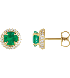 88808 Earring Set Lab-Grown Emerald Round 6.5 Mm 14K Yellow Lab-Grown Diamond Pair Friction Backs Included Polished Lab-Grown Emerald And 12 Ctw Lab-Grown Diamond 4-Claw Prong Pre-Notched Double Halo-Style Earrings