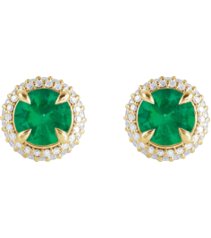 88808 Earring Set Lab-Grown Emerald Round 6.5 Mm 14K Yellow Lab-Grown Diamond Pair Friction Backs Included Polished Lab-Grown Emerald And 12 Ctw Lab-Grown Diamond 4-Claw Prong Pre-Notched Double Halo-Style Earrings