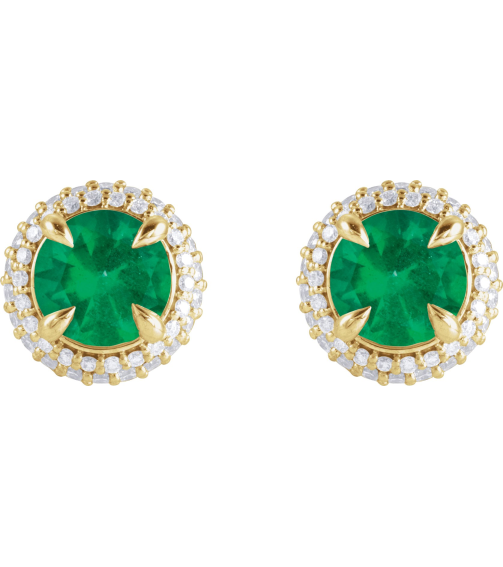88808 Earring Set Lab-Grown Emerald Round 6.5 Mm 14K Yellow Lab-Grown Diamond Pair Friction Backs Included Polished Lab-Grown Emerald And 12 Ctw Lab-Grown Diamond 4-Claw Prong Pre-Notched Double Halo-Style Earrings