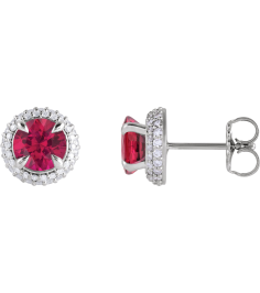 88808 Earring Set Lab-Grown Ruby Round 6.5 Mm 14K White Lab-Grown Diamond Pair Friction Backs Included Polished Lab-Grown Ruby And 12 Ctw Lab-Grown Diamond 4-Claw Prong Pre-Notched Double Halo-Style Earrings