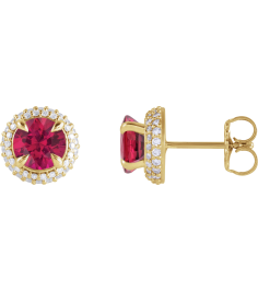 88808 Earring Set Lab-Grown Ruby Round 6.5 Mm 14K Yellow Lab-Grown Diamond Pair Friction Backs Included Polished Lab-Grown Ruby And 12 Ctw Lab-Grown Diamond 4-Claw Prong Pre-Notched Double Halo-Style Earrings