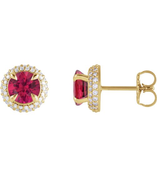 88808 Earring Set Lab-Grown Ruby Round 6.5 Mm 14K Yellow Lab-Grown Diamond Pair Friction Backs Included Polished Lab-Grown Ruby And 12 Ctw Lab-Grown Diamond 4-Claw Prong Pre-Notched Double Halo-Style Earrings