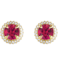 88808 Earring Set Lab-Grown Ruby Round 6.5 Mm 14K Yellow Lab-Grown Diamond Pair Friction Backs Included Polished Lab-Grown Ruby And 12 Ctw Lab-Grown Diamond 4-Claw Prong Pre-Notched Double Halo-Style Earrings
