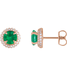 88808 Earring Set Lab-Grown Emerald Round 6.5 Mm 14K Rose Lab-Grown Diamond Pair Friction Backs Included Polished Lab-Grown Emerald And 12 Ctw Lab-Grown Diamond 4-Claw Prong Pre-Notched Double Halo-Style Earrings