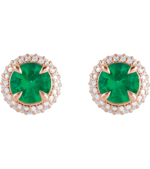 88808 Earring Set Lab-Grown Emerald Round 6.5 Mm 14K Rose Lab-Grown Diamond Pair Friction Backs Included Polished Lab-Grown Emerald And 12 Ctw Lab-Grown Diamond 4-Claw Prong Pre-Notched Double Halo-Style Earrings