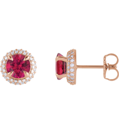 88808 Earring Set Lab-Grown Ruby Round 6.5 Mm 14K Rose Lab-Grown Diamond Pair Friction Backs Included Polished Lab-Grown Ruby And 12 Ctw Lab-Grown Diamond 4-Claw Prong Pre-Notched Double Halo-Style Earrings