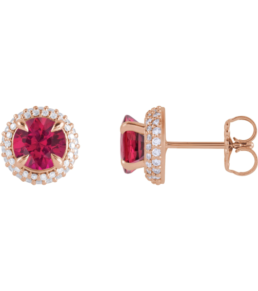 88808 Earring Set Lab-Grown Ruby Round 6.5 Mm 14K Rose Lab-Grown Diamond Pair Friction Backs Included Polished Lab-Grown Ruby And 12 Ctw Lab-Grown Diamond 4-Claw Prong Pre-Notched Double Halo-Style Earrings