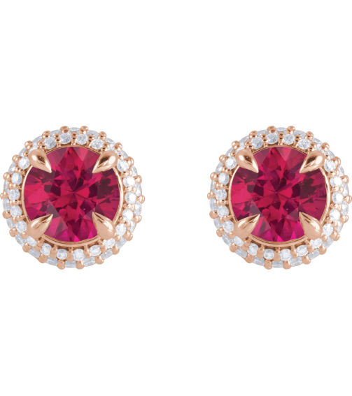88808 Earring Set Lab-Grown Ruby Round 6.5 Mm 14K Rose Lab-Grown Diamond Pair Friction Backs Included Polished Lab-Grown Ruby And 12 Ctw Lab-Grown Diamond 4-Claw Prong Pre-Notched Double Halo-Style Earrings