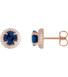 88808 Earring Set Lab-Grown Blue Sapphire Round 6.5 Mm 14K Rose Lab-Grown Diamond Pair Friction Backs Included Polished Lab-Grown Blue Sapphire And 12 Ctw Lab-Grown Diamond 4-Claw Prong Pre-Notched Double Halo-Style Earrings